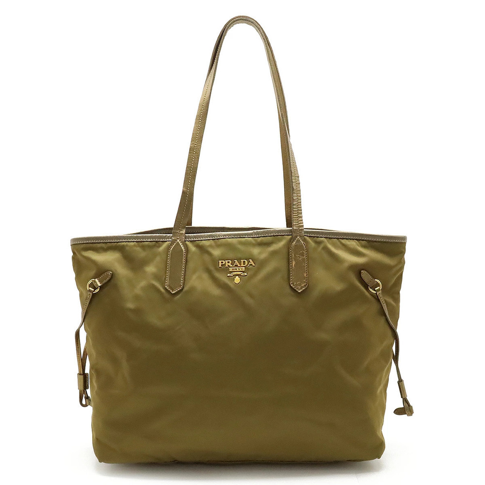 Prada Tote Tessuto Saffiano Bag Shoulder Metallic Leather Bronze Brown